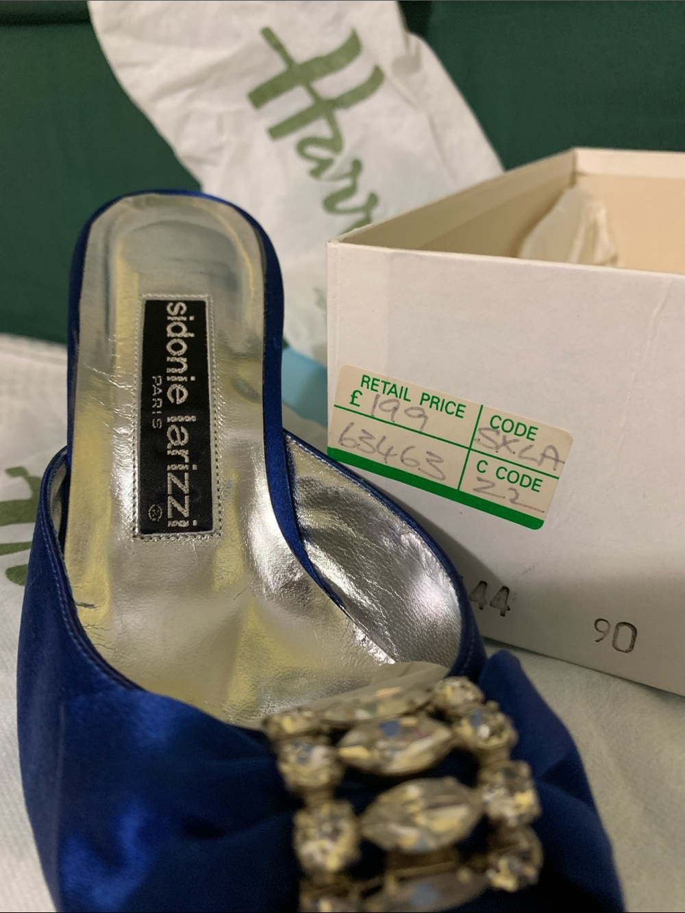Sidonie Larizzí Harrods 38.5 Royal Blue Satin Pointed Toe Heels Crystal Buckle - Picture 2 of 10